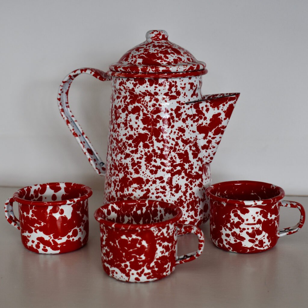 Enamelware Tea Child's Tea Set for 3 - Red Marble