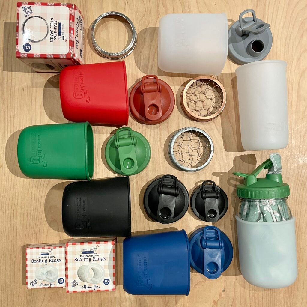 Mason Jar Accessories - Silicone, Plastic, & Stainless Steel (lids for small wipes)