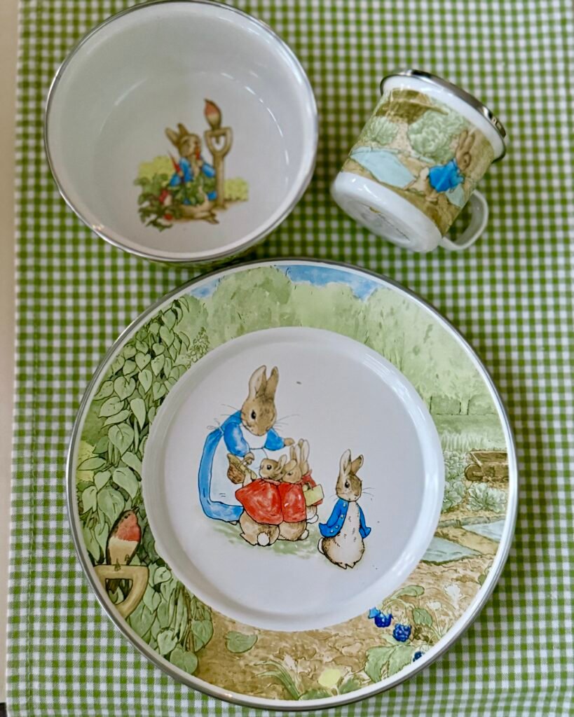 Golden Rabbit Beatrix Potter Enamelware Set & Child's Cup Or Bowl