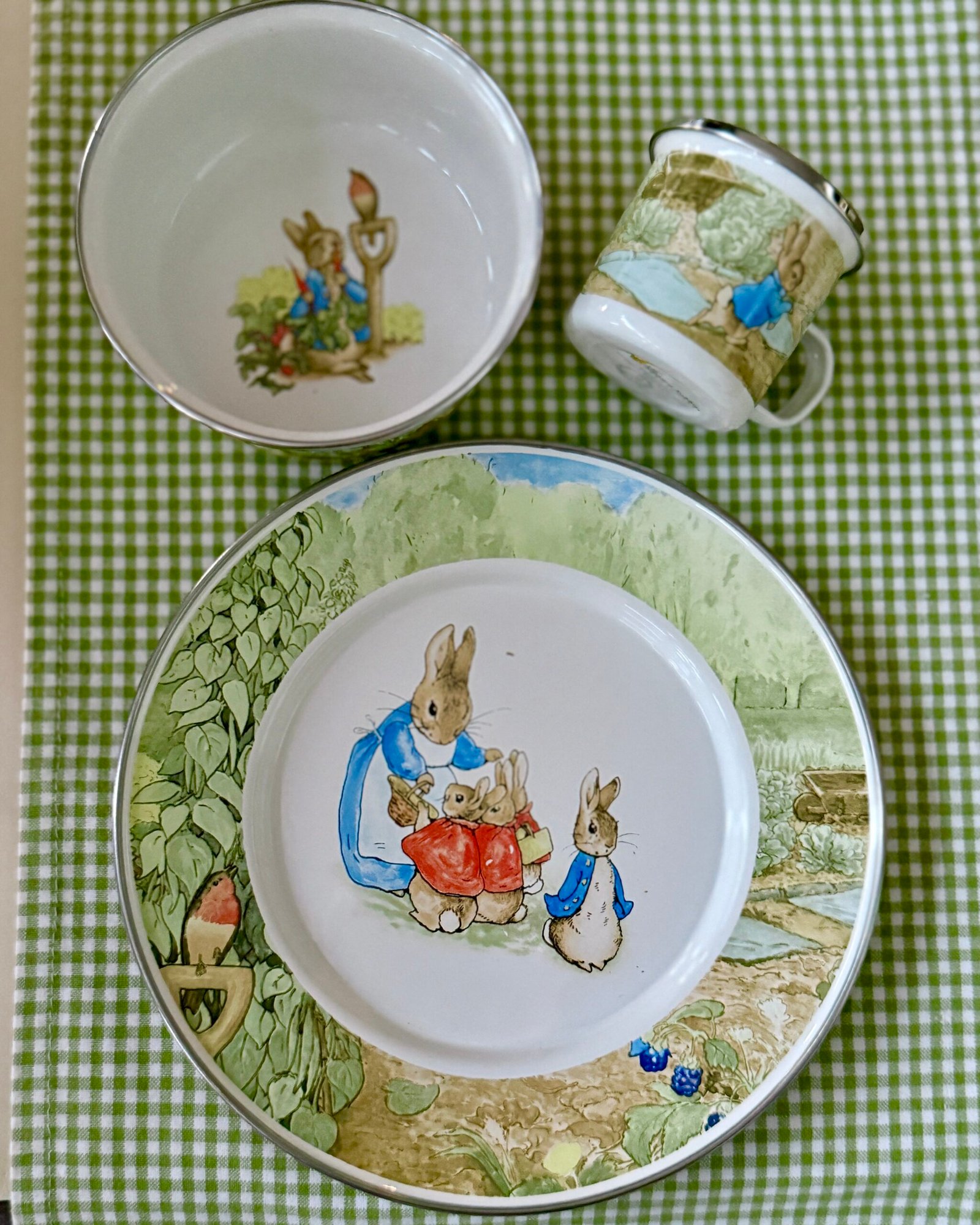 Golden Rabbit Beatrix Potter Enamelware Set & Child's Cup Or Bowl