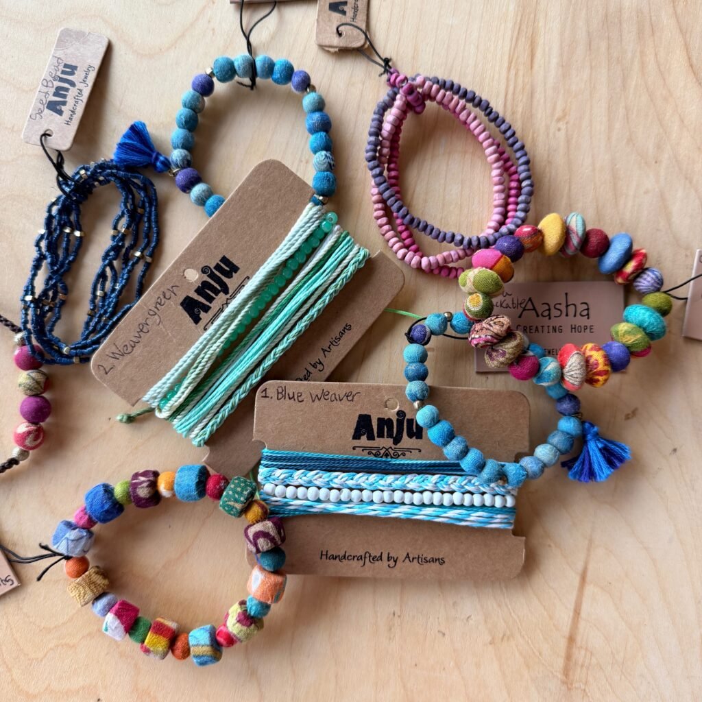 Upcycled Sari Fabric Bead Bracelets & cotton string/bead bracelets (Aasha by Anju)